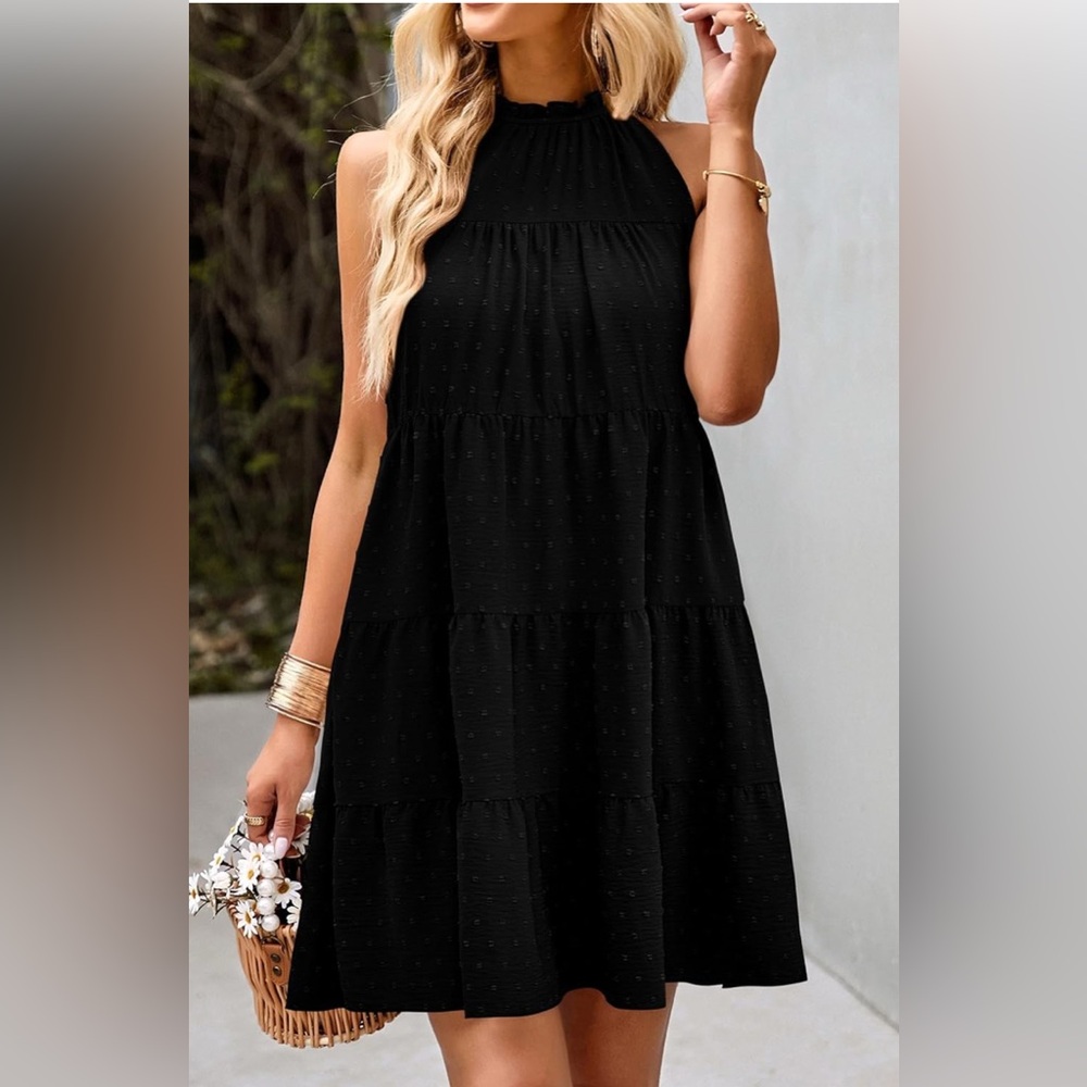 NWT Kirundo Black Halter Tiered Pleated Beachy Sleeveless Back Tie Mini Dress